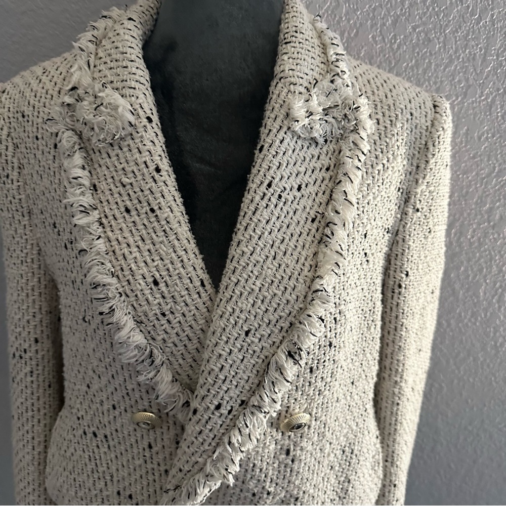 Zara Tweed Bouclé Cropped Blazer Jacket Frayed Trim Double Breasted L - Picture 3 of 11